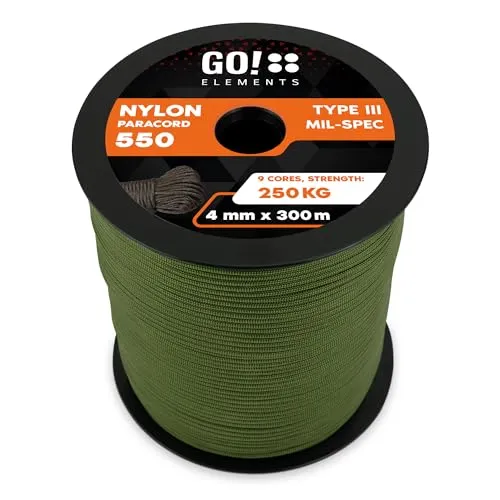 GO!elements Paracord 550 - 4mm Abspannleine für Outdoor-Aktivitäten - Robuste Paracord 550 Abspannleine aus strapazierfähigem Nylon, ideal für Camping und Outdoor. Mit einer Traglast von bis zu 250 kg und einer Länge von 100m ist sie der perfekte Begleiter für Ihre Abenteuer.