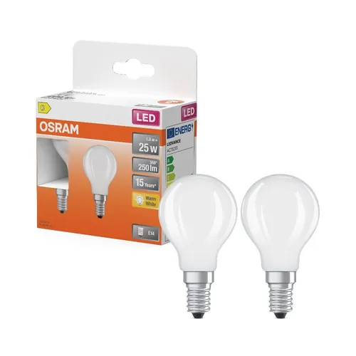 2er Pack OSRAM LED E14 Tropfenform Star Classic P 25 matt 1.8W wie 25W warmweiß
