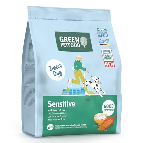 Green Petfood InsectDog Sensitive mit Insekten & Reis (1 x 900 g) | Adult | Premium Trockenfutter für ausgewachsene Sensible Hunde | Insekten als einziges tierisches Protein | weizenfrei | 1er Pack