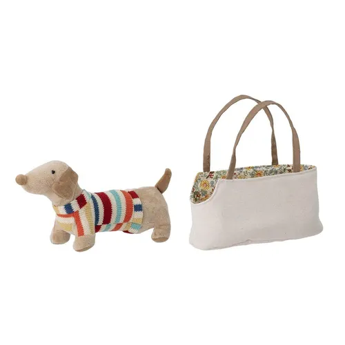 Bloomingville Hilena Stoffhund mit Tasche - Kuscheltier Hund aus hochwertigem Stoff, perfekt für Kinder und als süßer Begleiter für unterwegs.