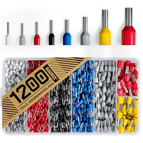 BAURIX® Aderendhülsen Set 1200 Stück – Isolierte Aderhülsen 0,5–10 mm² für Kabel & Leitungen – Farbcodiertes Profi Sortiment nach DIN 46228-4