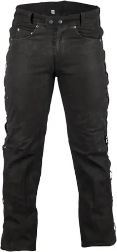 Nubuk Lederhose mit Seiten-Schnürung für Biker und Chopper - Echte Büffel Nubuk Lederhose in Schwarz, mit flexibler Schnürung für optimalen Sitz. Klassischer 5-Pocket Jeansschnitt, robust und vielseitig für Motorradfahrer.