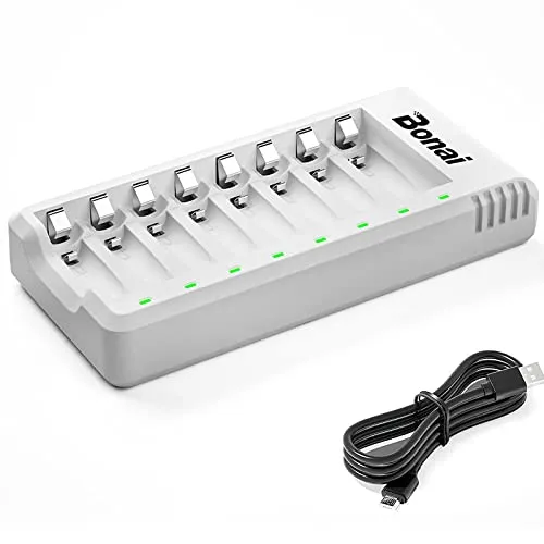 BONAI Akku Ladegerät AA AAA NI-MH Akkuladegerät Battery Charger LED Anzeige USB Schnell Ladung Batterieladegerät 8-Ladeplatz