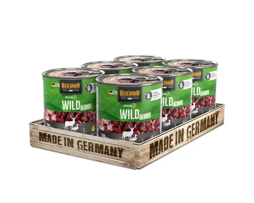BELCANDO Baseline Wild & Ente 6x800g - Getreidefreies Nassfutter für Hunde - Hochwertiges Nassfutter für Hunde, ideal für alle Größen. Mit schmackhafter Ente als Hauptzutat, perfekt für eine ausgewogene Ernährung ohne Getreide.