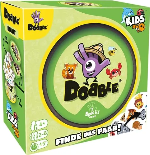 Dobble Kids - Das schnelle Kartenspiel für die ganze Familie - Gesellschaftsspiel für 2-8 Spieler ab 4 Jahren. Entdeckt die nachhaltige Auflage mit tierischen Motiven und verschiedenen Spielvarianten für noch mehr Spaß!