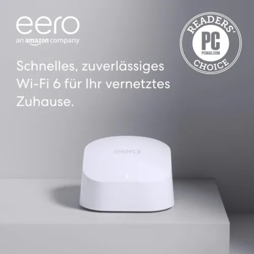 Amazon eero 6 Dualband Wi-Fi WLAN-Mesh Router - Router für bis zu 140 m², unterstützt 900 Mbit/s und fungiert als Zigbee Smart Home-Hub für die einfache Steuerung Ihrer Geräte.