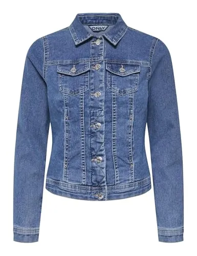 ONLY Damen Jacke 15243147 Medium Blue Denim L - Funktionsjacke aus Denim, ideal für den Übergang zwischen den Jahreszeiten, mit praktischen Brusttaschen und modischem Spread Collar.