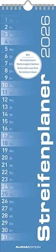 Alpha Edition - Streifenplaner Blau Kalender 2026 – 11,3x49,5 cm – Wandplaner für Haushalt, Büro & Familie – Praktischer Küchenkalender mit neutralem Design – FSC-zertifiziert