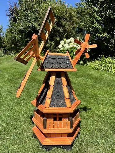 Windmühle kugelgelagert mit Solarbeleuchtung - 80 cm - Windspiel aus Holz mit wetterfestem Bitumendach, drehbarem Kopf und Solarbeleuchtung für stimmungsvolle Akzente im Garten.