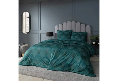 Estella Mako-Satin Bettwäsche Asra Blautanne 135x200 - Elegante 2-teilige Bettwäsche aus hochwertigem Mako-Satin, ideal für jede Jahreszeit. Mit Reißverschluss und ansprechendem Fächer-Design sorgt sie für stilvollen Schlafkomfort.