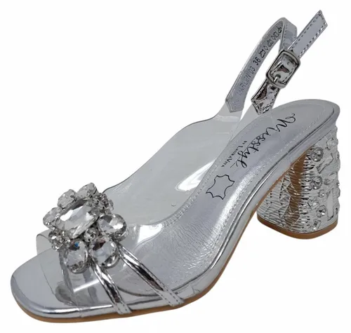 Laura Vita MARLEN-03 Damen Sandalette in Silber mit Perlen - Elegante Sandalen mit 8 cm Blockabsatz, schimmernden Perlen und bequemer Passform – ideal für besondere Anlässe oder den Alltag!