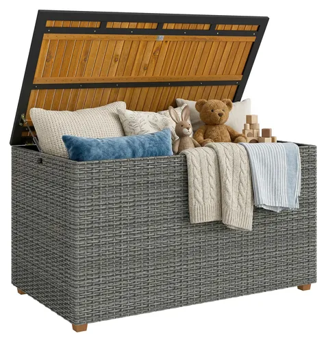 Outsunny Gartenbox 450 L Polyrattan mit Holz-Deckel - Elegante Rattan-Aufbewahrungsbox für Ordnung im Außenbereich. Wetterfestes Design mit pulverbeschichtetem Stahl und edlem Akazienholz-Deckel. Ideal für Kissen und Zubehör. Maße: 120 x 68 x 67,5 cm, Volumen: 450 L.
