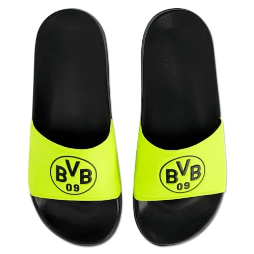 Borussia Dortmund Unisex BVB Badeschlappen neon - Stylische Badeschlappen mit neongelbem Spann und BVB Emblem, ideal für Zuhause oder Schwimmbad. Aus EVA und PU für optimalen Tragekomfort, erhältlich in Größen von 35/36 bis 45/46.