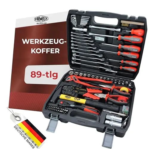 FAMEX 144-50 Werkzeugkoffer – Hochwertiges Werkzeugset für Kfz und Wohnmobile - Vielseitiger Werkzeugkoffer mit 50 Teilen, ideal für den mobilen Einsatz. Enthält hochwertige Chrom-Vanadium-Werkzeuge, darunter Steckschlüsselsatz und Zangen, alles kompakt verstaut.