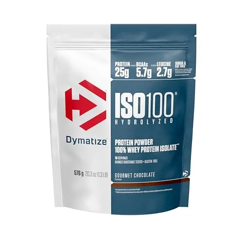 Dymatize ISO 100 Hydrolyzed Gourmet Chocolate 576g - Premium Whey Protein - Molkenproteine mit 25g hochwertigem Eiweiß pro Portion, glutenfrei und ideal für Sportler, die auf optimale Kalorienversorgung achten.