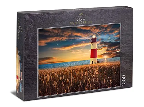 Ulmer Puzzleschmiede - Puzzle „Horizont“ - Klassisches 1000 Teile mit Leuchtturm am Meer - Das Licht auf dem Leuchtturm löst das Licht der Sonne ab und leitet den Abend EIN - Puzzle Made in Germany