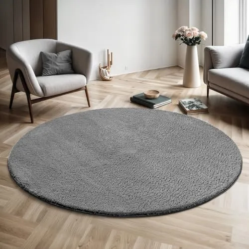 the carpet Relax Moderner Flauschiger Kurzflor Teppich, Rund, Anthrazit, 200 x 200 cm - Vielseitiger Kurzflor Teppich in Felloptik für Wohnzimmer, Schlafzimmer oder Flur. Waschbar bis 30 Grad und rutschfest für sicheren Halt – ideal für jedes Zuhause!