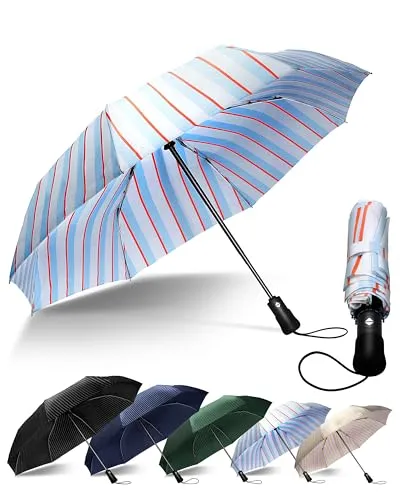 Chakipee Kompakter Reise Regenschirm Groß Sturmfest – Automatik Taschenschirm für Herren und Damen, Tragbarer 210T-Stoff 97 cm Spannweite 12 Rippen Streifenmuster Schirm