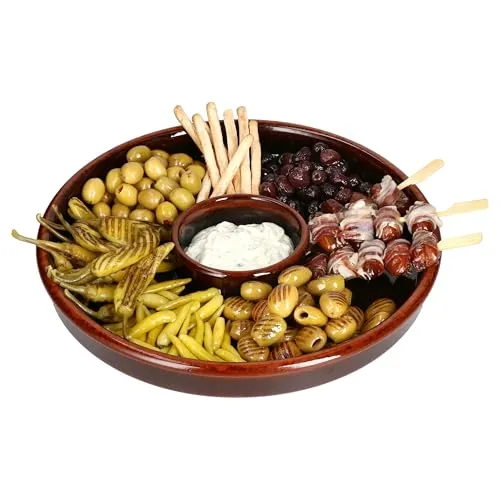 MamboCat Juego Tapas Schale Ø 33,5cm | große dunkelbraune Tonschale mit integriertem Schälchen für Kerne oder Dip I Cazuela für Antipasti, Fingerfood & Co.