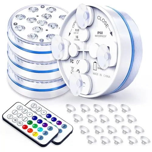 Joycome Poolbeleuchtung 4 Stück - RGB LED Unterwasserlicht mit Fernbedienung - Teichbeleuchtung mit 16 Farben und 3 Blinkmodi, IP68 wasserdicht und ideal für Whirlpool, Teich oder Garten. Starke Magnete und Saugnäpfe sorgen für sicheren Halt.