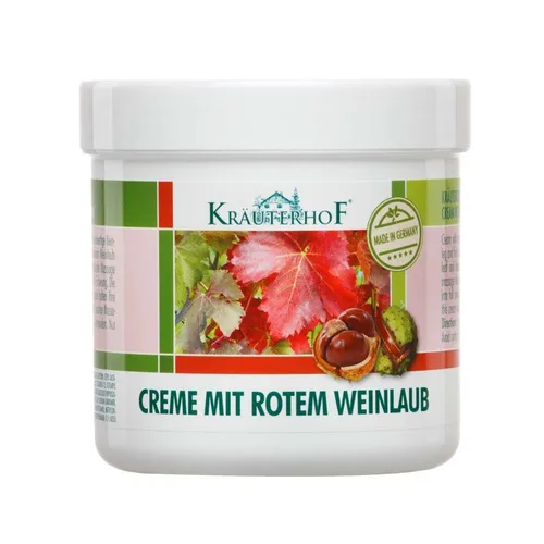 Kräuterhof Creme mit rotem Weinlaub 250 ml - Fußcreme mit rotem Weinlaub, ideal für alle Hauttypen und sorgt für wohltuende Pflege der Beine. Hergestellt in Deutschland, 250 ml für langanhaltende Frische.