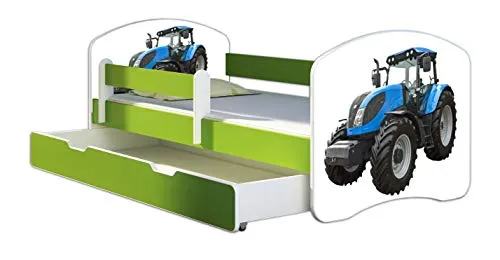 ACMA Jugendbett Kinderbett Junior-Bett Komplett-Set mit Matratze und Rausfallschutz - Grün - Hochwertiges ACMA Junior-Bett mit bunten Prints und kindersicherem Laminat. Inklusive Matratze und verstellbarem Rausfallschutz für sicheren Schlaf. Ideal für Kinder bis 120 kg.