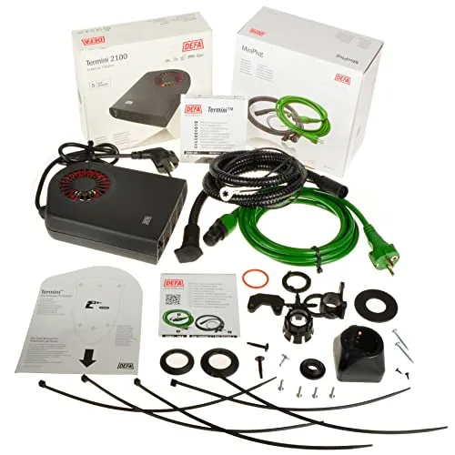 DEFA Warmup Set 2100W – Elektrische Standheizung Komplettset | Inkl. Termini II 2100 Heizlüfter, Anschluss-Set (460785) & Steckdose (460829) | KFZ Innenraumheizung gegen EIS & Kälte