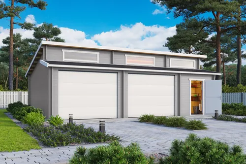 Garage Stufendach 44 mm Hawaii mit Sektionaltor grau 820x520 cm - Gartenhäuser, Geräteschuppen & Carports - Robuste Garage mit abschließbarem Sektionaltor, ideal für Sicherheit und Schutz Ihrer Fahrzeuge.