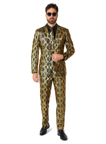 OppoSuits Shiny Snake Anzug - 60 Gold 60 - Kostüme für besondere Anlässe, glänzendes Jackett, passende Hose und Krawatte im Slim Fit für einen auffälligen Auftritt.