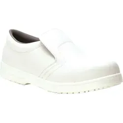 Portwest FW81 Steelite Sicherheitsslipper S2 White Gr. 47 - Arbeits- & Schutzkleidung mit selbstreinigender Sohle, ideal für Reinräume und die Lebensmittelindustrie, bietet optimalen Komfort und Sicherheit durch Stahlzehenschutz und antistatische Eigenschaften.