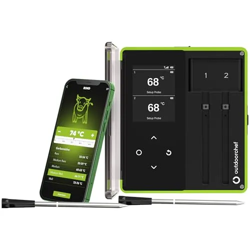 OUTDOORCHEF Easy Check Thermometer Dual - Wireless Bluetooth Grillthermometer - Kabelloses Grillthermometer für den Garten mit 2 schmalen Fühlern und einer Reichweite von bis zu 200 Metern. Ideal für präzises Grillen mit langer Akkulaufzeit von über 30 Stunden.