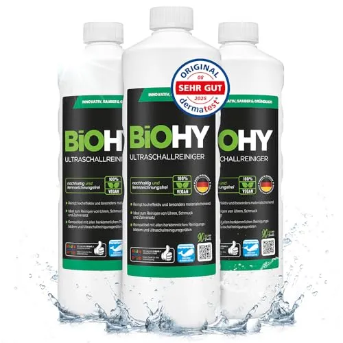 BiOHY Ultraschallreiniger (3 x 1 Liter) | effektive Reinigung für Schmuck und Dentalprodukte - Intensive und materialschonende Reinigung mit BiOHY Ultraschallreiniger. Ideal für Schmuck, Uhren und Zahnersatz. Reduziert Reinigungszeit und sorgt für streifenfreien Glanz.