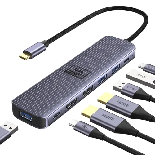 USB C zu Dual HDMI Adapter, Newmight 7-in-1-Dual-Monitor-Dock, 4K@60 Hz, mit 2 HDMI Anschlüssen, kompatibel mit Dell/MacBook/iPhone 15/16/17 und weiteren Geräten