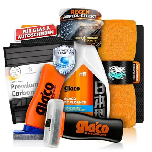 Glasversiegelung Bundle - Soft99 Glaco DX 110 ml Versiegelung + Soft99 Glaco Glass Compound Roll On 100ml - Politur für Glas + Glasreiniger 100ml, Poliertuch, Glas Mikrofasertuch (5-tlg.)
