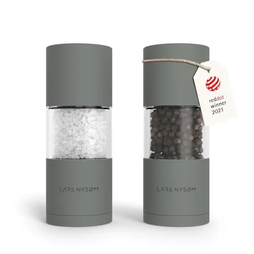 LARS NYSØM Salz- und Pfeffermühle Sjæl Manuell (2 Stück) - Gewürzmühlen-Set mit einstellbarem Keramik-Mahlwerk für präzises Mahlen von Salz, Pfeffer und Gewürzen – stilvolles Design in Cool Grey.