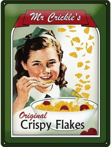 Blechschild Metallschild 30 x 40 cm - Mr. Crickles Crispy Flakes - Vintage Metallschild mit gewölbtem, geprägt Motiv. Ideal zur Dekoration für drinnen. Größe: 30 x 40 cm, mehrfarbig und rechteckig. Ein echter Hingucker für jeden Raum!
