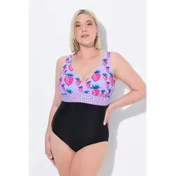 Ulla Popken Badeanzug mit Erdbeeren und Zierband - Sportlicher Badeanzug in Schwarz, Größe 52, mit Softcups und recycelten Materialien. Ideal für umweltbewusste Schwimmerinnen.