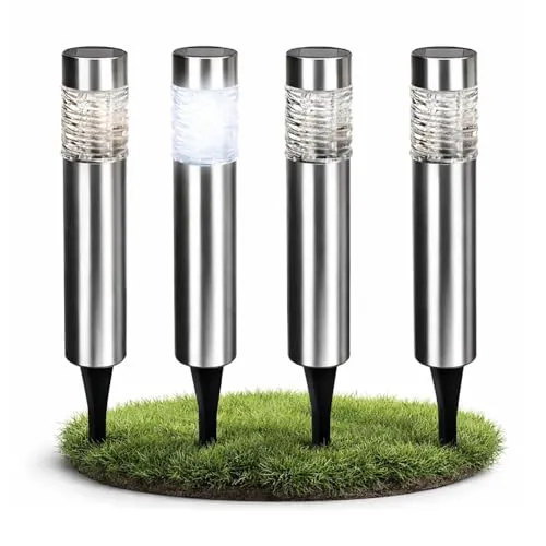 com-four® 4x Solarleuchte Edelstahl für Außen - Dekorative Gartenleuchte mit Erdspieß - IDEALE WEGELEUCHTE: Perfekt zur Markierung von Wegen und Einfahrten im Dunkeln. ROBUST: Hergestellt aus rostfreiem Edelstahl, ideal für den Außeneinsatz. ENERGIEEFFIZIENT: Solarbetrieben mit bis zu 6 Stunden Leuchtdauer nach Sonnenuntergang.