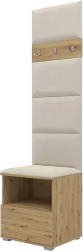Garderoben-Set Nela IV - Polstergarderobe mit Schuhschrank - Flurmöbel in Artisan Eiche + Creme, elegantes Design mit gepolsterter Sitzfläche für Komfort und Ordnung im Flur.