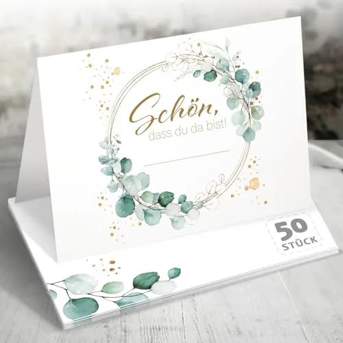 50x Tischkarten Hochzeit Eukalyptus – Schön, DASS du da bist – Florales Design mit Goldakzenten, Namenskarten Platzkarten für Hochzeit, Geburtstag, Konfirmation, Design Edition, Funke & Brand