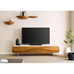 TV-Board Akazie mit Marmorplatte MONTREAL - Stilvolles Akazien-Lowboard mit eleganter weißer Marmorplatte. Mit praktischen Push-to-Open-Türen und zwei Montagemöglichkeiten – für flexiblen Einsatz im Wohnzimmer.