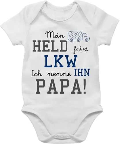 Baby Body Junge Mädchen - Sprüche - Mein Held fährt LKW - 3/6 Monate - Weiß - vatertagsgeschenk babymode witzig spruch dad bodys vatertag kurzarm strampler mit lustigen sprüchen spruche papa
