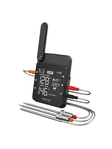 HerQs Professional - Intelligentes Kochthermometer - Grill und Zubehör, präzise Temperaturkontrolle mit bis zu 6 Proben, kabellose Verbindung und wasserfestes Design für sorgenfreies Kochen.