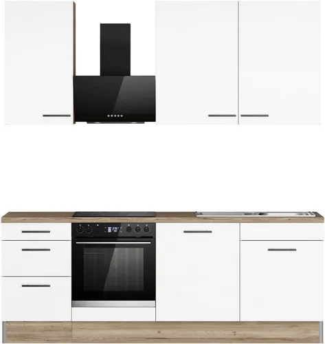 OPTIFIT Küchenzeile Fiona, 230 cm mit Hanseatic-E-Geräten - Küchenzeilen mit 38 mm starker Arbeitsplatte, höhenverstellbaren Füßen und eleganten Aluminiumgriffen - ideal für eine moderne und funktionale Küche.