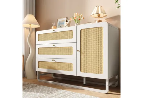 Odikalo Sideboard Kommode Schrank mit Rattan (Kommode mit Rattan & Goldgriffen, Landhausstil Weiß mit 3 Schubladen & 1 Türschrank, Höhenverstellbare Regale & Kippsicherung, 120x85x40 cm (B/H/T)