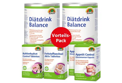 SUNLIFE ® Vorteils-Pack Gesund abnehmen - Pflanzenextrakte zur Unterstützung der Gewichtsreduktion, inklusive Appetit Control Kapseln und Diätdrink Balance für eine effektive Low-Carb-Diät.
