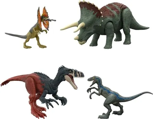 Mattel HJJ85 - Jurassic World - Roar Strikers - Dinosaurier Set - Spielfiguren-Set mit 4 Dinosauriern, inklusive brüllenden Geräuschen und Augmented Reality für ein interaktives Spielerlebnis!