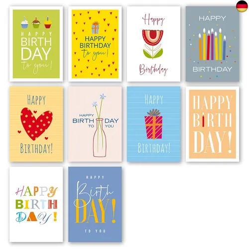 Meridian Design Geburtstagskarten, Happy Birthday Klappkarten im 10er Set mit