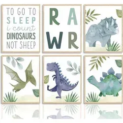 Abstrakte Dinosaurier Wandbilder Aquarell 6er Set 20x25 cm - Dazzlewall - Bringen Sie Farbe ins Kinderzimmer mit 6 niedlichen Aquarell-Dinosaurier-Wandbildern. Hochwertige Drucke, die das Zimmer lebendig gestalten und einfach zu pflegen sind. Ideal für Jungenzimmer-Deko!