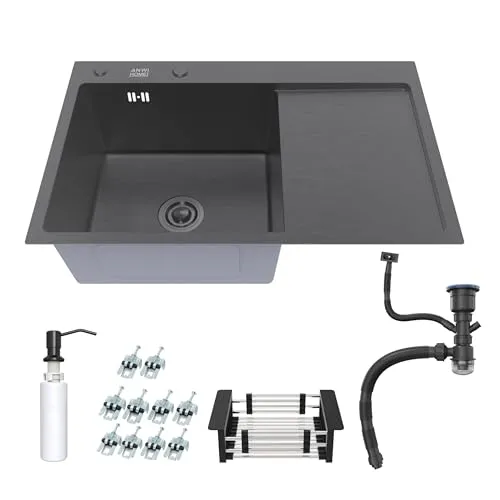 Graphite Single-Bowl Sink with Drainer 78x50LB - Edelstahlspüle 78x50 cm mit Abtropffläche, ideal für mittelgroße Küchen. Hohe Kratz- und Rostbeständigkeit sowie schalldämmendes Design für eine leise Nutzung.